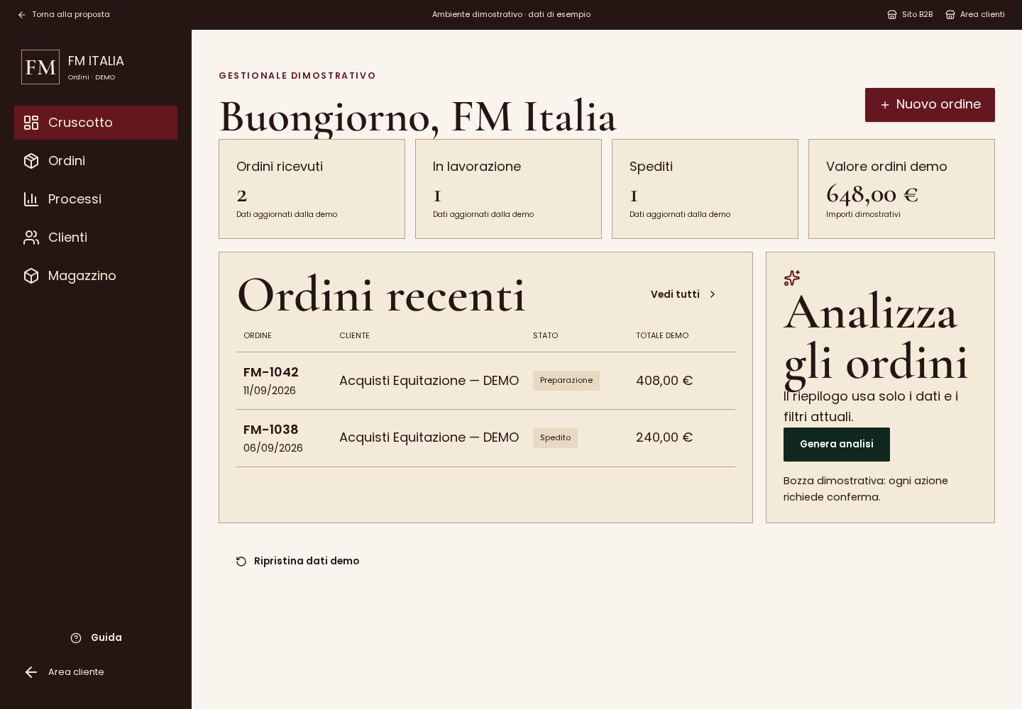 Schermata reale del gestionale ordini FM Italia