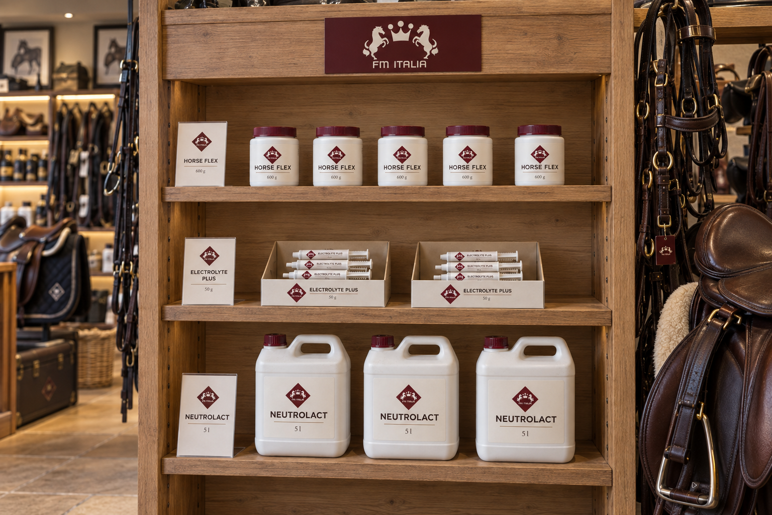 Concept di esposizione a scaffale con i packaging FM Italia della Proposta 1